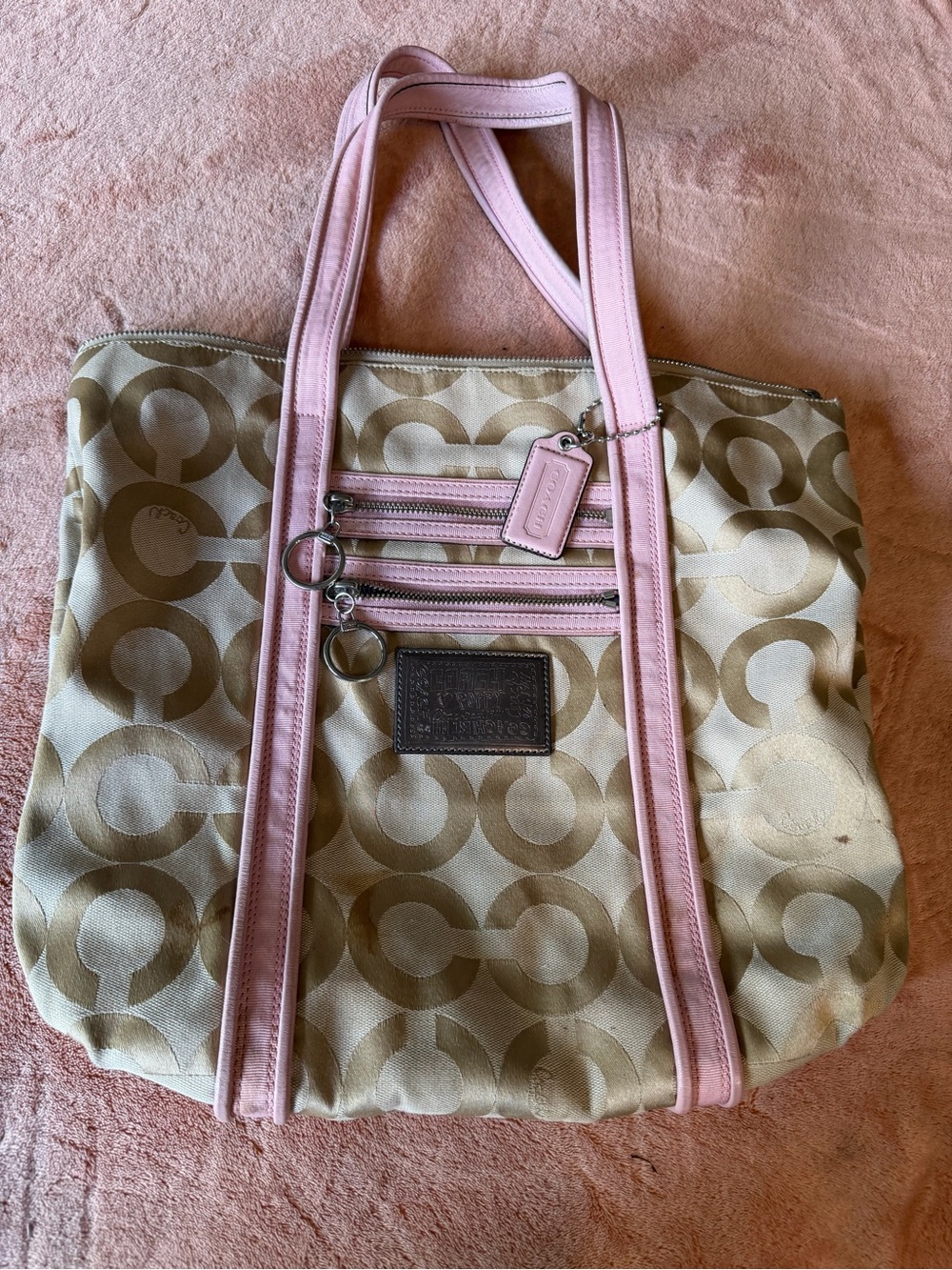 Coach Beige Tote with Pink Trim and Signature C Pattern